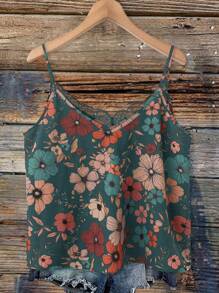 SHEIN PETITE CURVE Blusa de tirantes con estampado floral y encaje en talla grande, blusa gráfica de estilo country para conciertos de verano, para personas de estatura talla grande baja