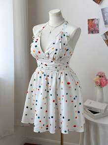 Flirla Plus Size Polka Dot Print Halter Backless Casual Summer Dress - White - View 6