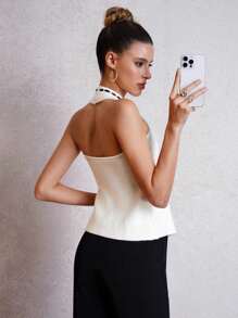 SHEIN Clasi Summer Sexy Contrast Color Tied Backless Halter Neck Knit Top - Apricot - View 2