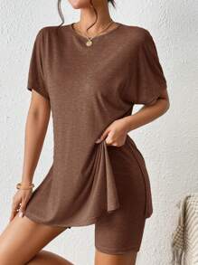 SHEIN Frenchy 2pcs/Set Women Short Sleeve Solid Color T-Shirt And Shorts Set, Fashion For Summer Brown Casual - Coffee Brown - View 4