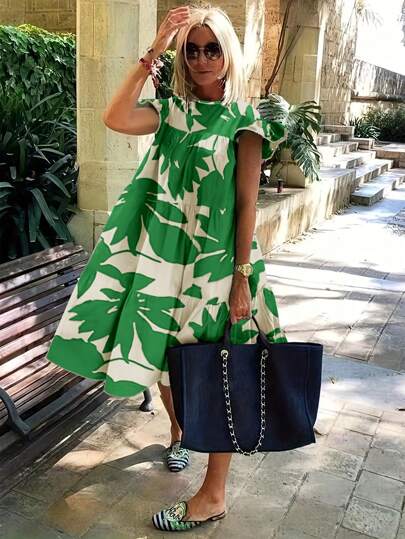 SHEIN LUNE Women's Casual Loose Full Print A-Line Dress, Summer