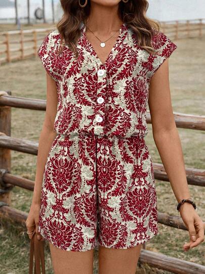 SHEIN LUNE Women's Casual Abstract Print Jumpsuit, Basic Short Sleeve Jumpsuit For Outing, Spring/Summer Holiday And Daily Wear