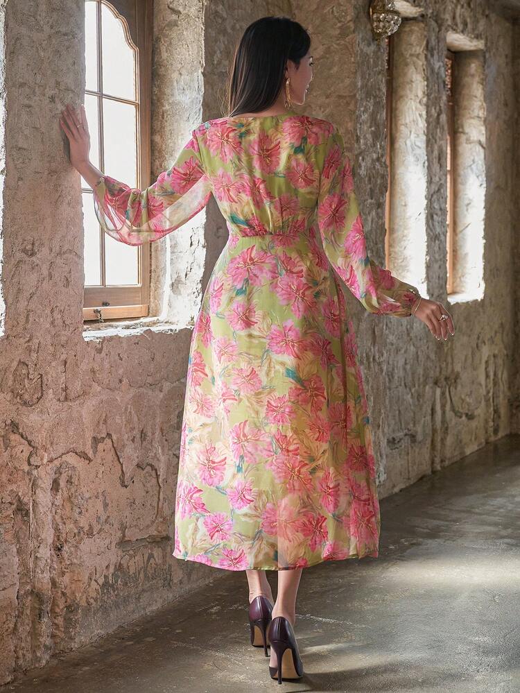 V-Neck Floral Print Lantern Sleeve Belted Mid-Length Dress For Women,Fall Dress Long Sleeve Dress Boho