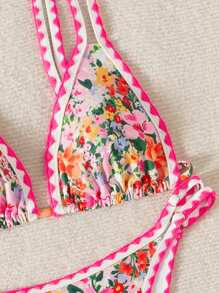 Swim Mod 2pcs Women Beach Fashion Set, Ditsy Floral, Sweet, Colorblock Trim Bikini Swimwear Set For Vacation For Summer - Multicolor - View 5