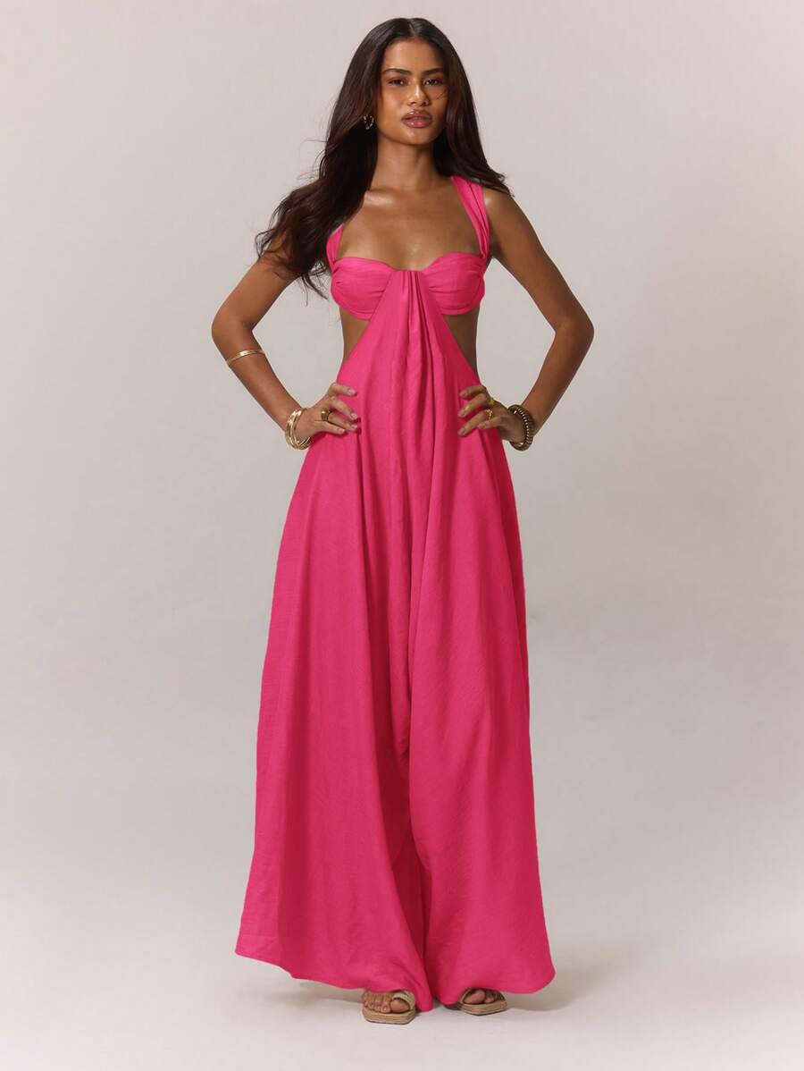 MUSERA Boho Ruched Bust Extreme Wide Leg Jumpsuit For Spring Summer Vacation Wear Holiday Wedding Guest Date Night Wedding Party Casual - Hot Pink - View 1