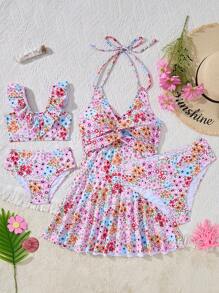 Young Girls Ditsy Floral Ruffle Hem Bikini Sets - Multicolor - View 5