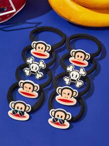 Paul Frank X SHEIN 8pcs Cute Cartoon Monkey & Black Elastic Hair Ties, Ponytail Holders - Black - View 2