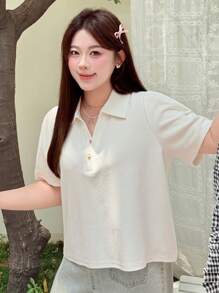 Dazy Plus Solid Color Polo Collar Short Sleeve Regular Fit White Summer T-Shirt Women Summer Sets,Business Casual Women