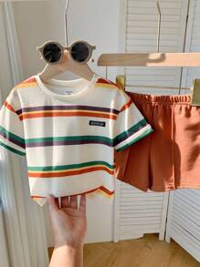 SHEIN 2 pièces Ensemble Top à manches courtes rayé mignon et short à taille élastique pour bébé garçon - Multicolore - Voir 8