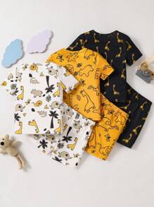 6pcs/Set Young BoyCartoon Galaxy & Ocean Animal Print Snug Fit T-Shirt And Shorts Pajama Set - Multicolor - View 2