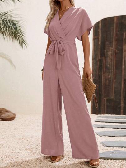 EMERY ROSE Damen einfarbiger Wickel-Jumpsuit mit Taillenband und kurzen Ärmeln, Sommer