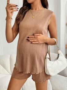 SHEIN Maternity Two Pieces Suits Summer Outfits For Women - Brown - View 4