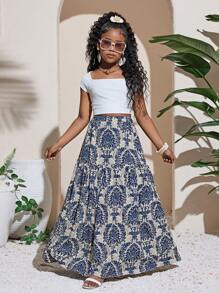 SHEIN Tween Girl Elastic Waist Loose Bohemian Vacation Printed Skirt, Summer