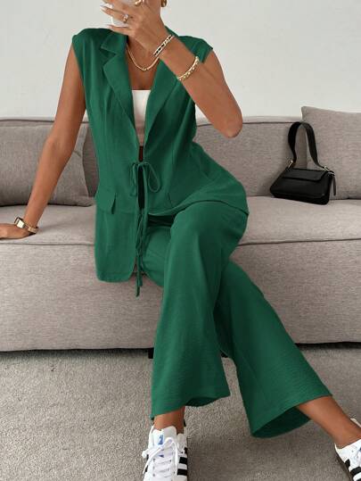 Siren Gaze Women 2 Pieces Set Textured Vest & Pants, Sleeveless Suit Blazer And Trousers Office Outfits For Women Business Women Attire Professional Women Clothes In Fall/Winter Green Casual