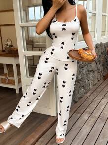 Dream Adore Damen Herz-Strick-Bedruckter Träger-Oberteil und Hose Schlafanzug Set, bequeme Lässig Kleidung für alle Jahreszeiten