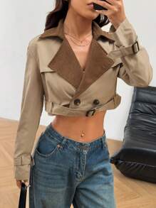 SHEIN EZwear 女士秋冬休闲拼布领短款风衣 - 卡其色 - 查看 5