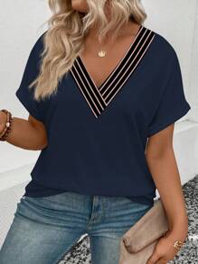 SHEIN EMERY ROSE CURVE Women's Plus Size Contrast Color Stripe V-Neck Short Sleeve Cuffed Casual T-Shirt, Versatile For Spring/Summer