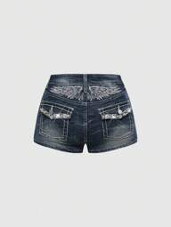 Grunge Punk Y2K Style Crystal Embroidered Wing Decor Low Waist Denim Shorts