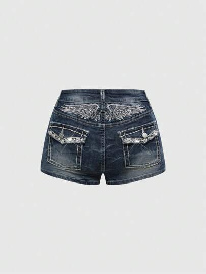 Grunge Punk Y2K Style Crystal Embroidered Wing Decor Low Waist Denim Shorts