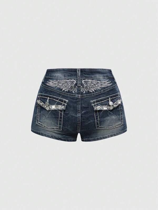 ROMWE Grunge Punk Y2K Style Crystal Embroidered Butterfly Wing Decor Low-Waist Denim Shorts