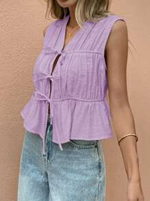 SHEIN Frenchy Áo cánh không tay cổ chữ V buộc phía trước màu trơn cho nữ - Màu tím hoa cà - Xem 4