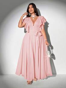 Viva Relle 大码女式优雅浪漫系带深 V 领荷叶边袖 A 字形雪纺连衣裙 - 粉色 - 查看 4