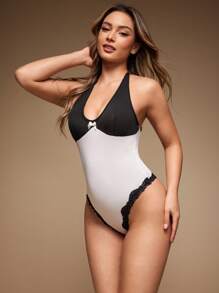 SHEIN Women's Sexy Color Block Lace Splice Halter Jumpsuit, Summer UnderwearOuter