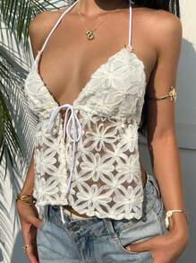 Muchica Women's Floral Contrast Color Lace-Up Backless Vest, Jacquard See-Through Top, Suitable For Summer Vacation - White - View 5