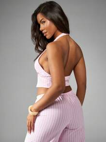 MISSGUIDED Ribbed Crop Cami Tank Tie Front V-Neck Summer Crop Top Weekend Casual Holiday Beach Lounge Resort Wear Poolside Basic Tank - Pink - View 2