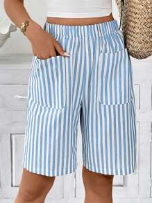 SHEIN LUNE 女士休闲条纹口袋百慕大及膝短裤 - 淺藍色 - 查看 4