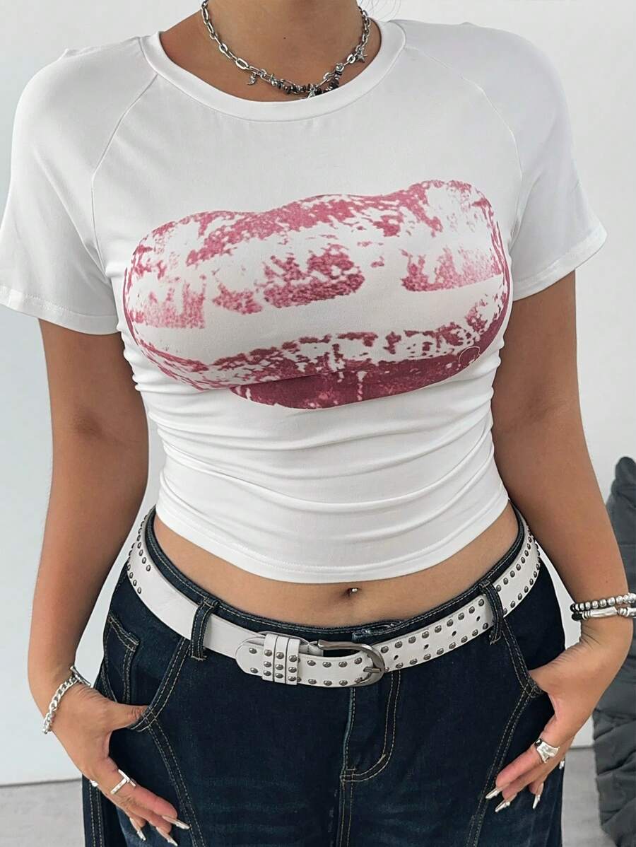POPSWAY Casual Lip Print Tight-Fitting Short Sleeve Solid Color T-Shirt - White - View 1