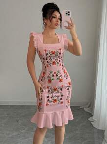 Elenzga 花卉印花荷叶边下摆方领无袖连衣裙 - 淺粉色 - 查看 7