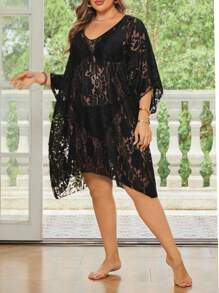 Swim Lushoire Plus Size Women Lace V-Neck Loose Fit Short Sleeve Beach Cover-Up - Black - View 3