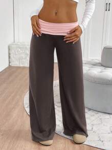 INAWLY Plus Size Contrast Color Elastic Waist Casual Straight Leg Pants