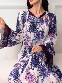 Lacomfia Vestido acampanado de estilo árabe para mujeres de primavera y verano con escote en forma de corazón, ribete de encaje y bajo con volantes, modesto - Multicolor - Ver 3