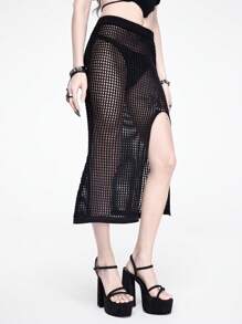 ROMWE Goth 女式复古风格钩针高开叉鱼尾针织裙 - 黑色 - 查看 5
