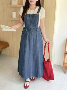 Dazy Plus Dark Washed Denim Pinafore Dress, Suitable For Spring, Summer, And Year-Round Layering