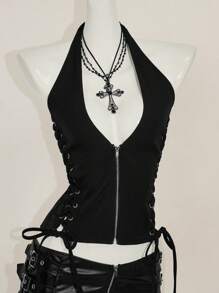 SHEIN ICON 夏季 Y2K V 领外出演唱会女士演唱会黑色哥特性感索环纯色时尚侧交叉带露背背心，夏季