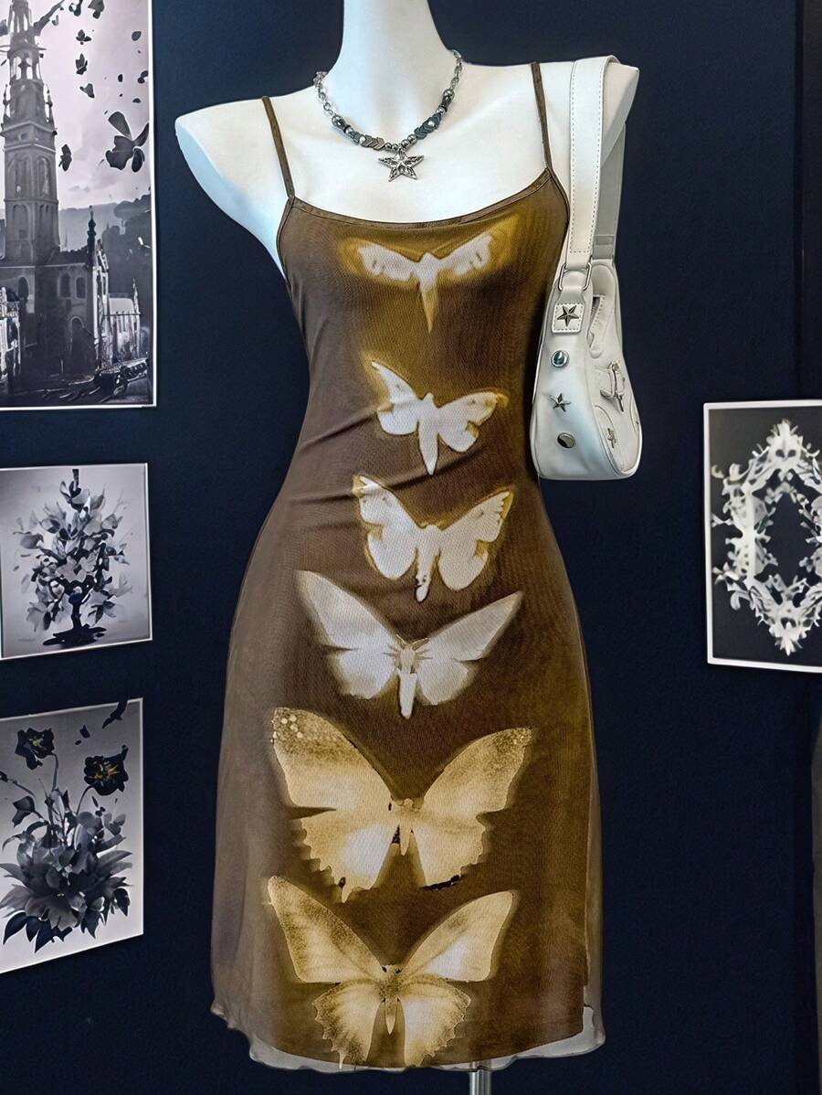 SHEIN EZwear Summer Country Concert Outfit   Butterfly Printed Sleeveless Mesh A-Line Dress - Brown - View 1