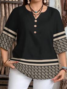 EMERY ROSE 大码女式复古花卉图案前扣短袖休闲衬衫，女式夏季衬衫，女式衬衫，乡村度假风格，女式波西米亚风格衬衫，女式乡村休闲衬衫 - 黑色 - 查看 3