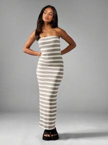 MISSGUIDED فستان ماكسي ضيق بخصر منضبط وشق خلفي، بأشرطة مخططة، بإطلالة متميزة لحفلات المساء والسهرات الصيفية