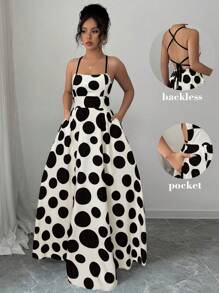 Elenzga Women's Polka Dot Print Cross Backless Dress - Beige - View 1