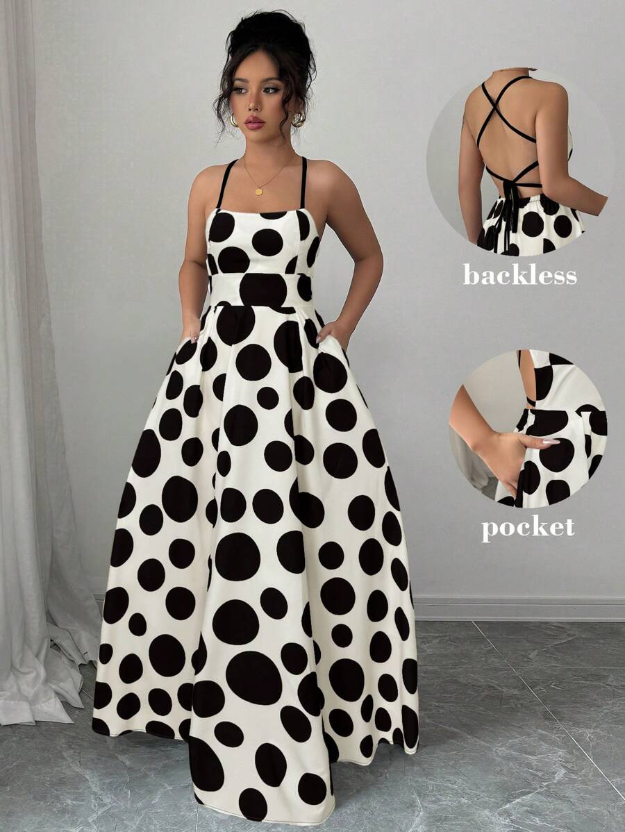 Elenzga Women's Polka Dot Print Cross Backless Dress - Beige - View 1