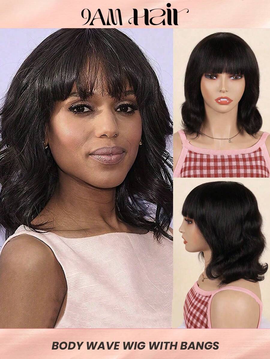 短款黑色波浪假发带刘海女士短款黑色波波头假发真人发全机织假发 - SNatural - 查看 1