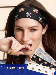 Paul Frank X SHEIN 3pcs Pack Versatile Monkey & Skull Printed Elastic Headbands, Suitable For Sports, Casual Styles, Washing Face Hair Band Turban Headband Sweatband - Multicolor - View 1