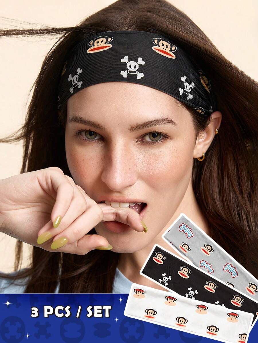 Paul Frank X SHEIN 3pcs Pack Versatile Monkey & Skull Printed Elastic Headbands, Suitable For Sports, Casual Styles, Washing Face Hair Band Turban Headband Sweatband - Multicolor - View 1