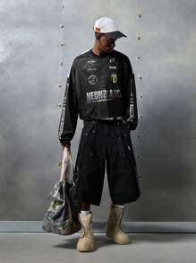 NEON BLANC Men Street Style Knit Long Sleeve Crew Neck Letter & Spider Web Print T-Shirt, Summer - Black - View 7