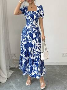 Elenzga Square Neck Short Sleeve Floral Print Ruffle Hem Casual Dress, Suitable For Spring And Summer - Blue and White - View 6