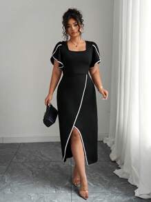 Elenzga Plus Size Color Block Dress With Contrast Trim, Fashionable Summer Wear - Black - View 1