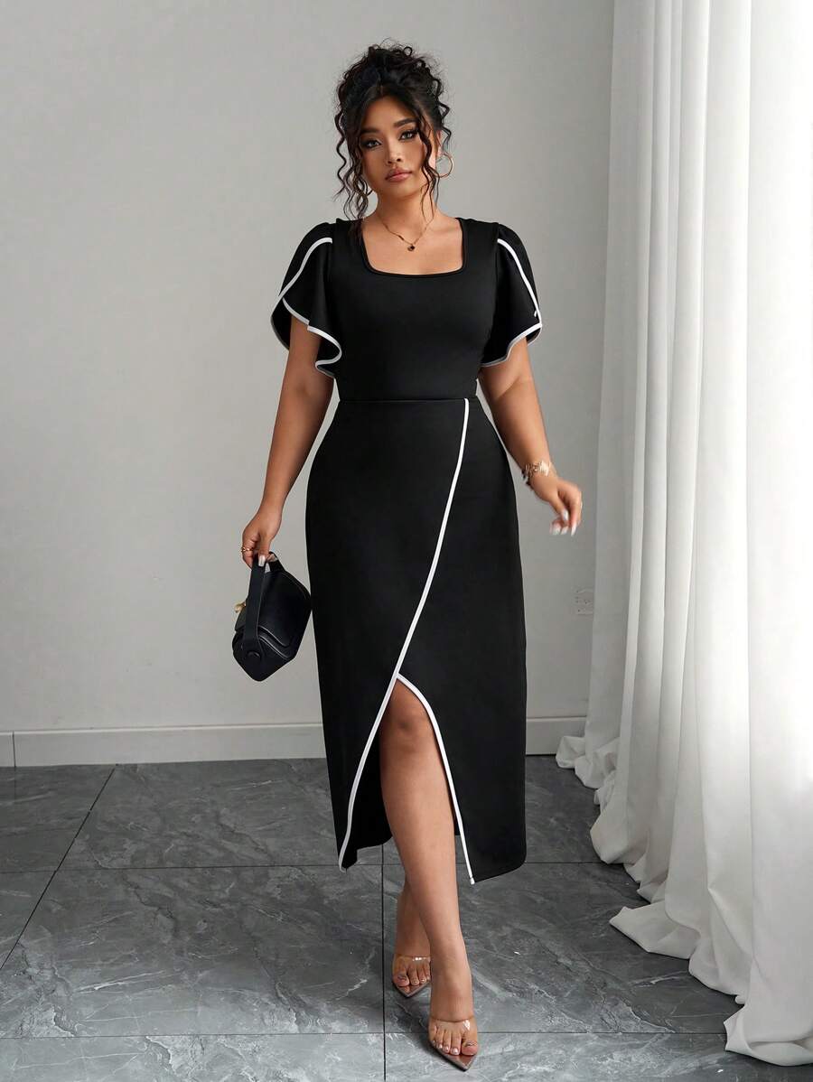 Elenzga Plus Size Color Block Dress With Contrast Trim, Fashionable Summer Wear - Black - View 1